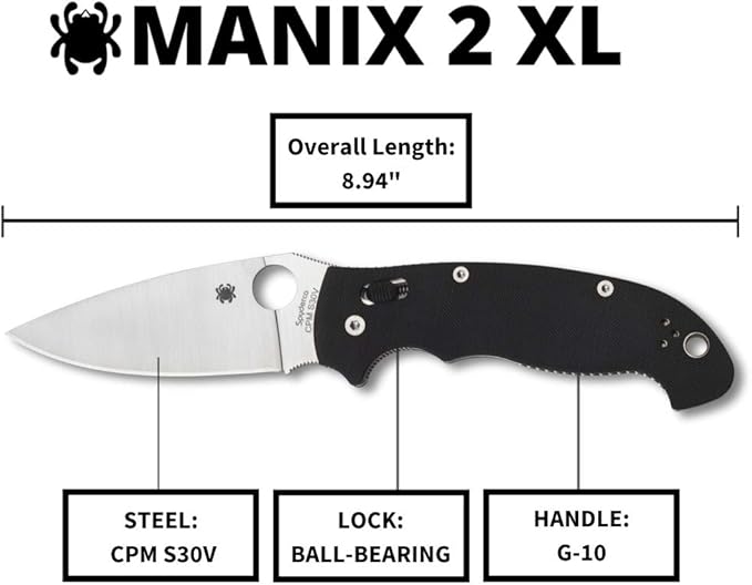 Spyderco Manix 2 XL Folding Pocket Knife with 3.8 CPM S30V Steel Blade and G-10 Handle - EDC Knife for Men and Women Perfect for Hunting Tactical Camping Survival Hiking - PlainEdge - C95GP2