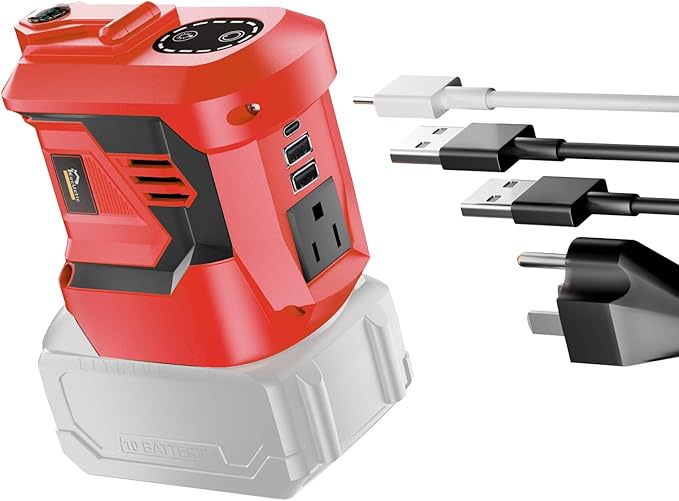 Portable Power Inverter 300WDC 18V to Ac110V-120V Powered Outlet 2 USB Ports 1 Type-C 1 Ac Outlet and Led LightCar Outdoor Camping Dedicated(No Battery-Red)