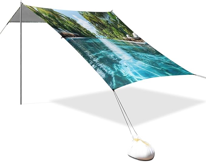 Summer Pool Pattern Beach Tent Sun Shelter Set UPF50+ UV Protection 10.5 x 9.19 FT Camping Shade Canopy with Sandbags Sand Anchors Carrying Bag and Others