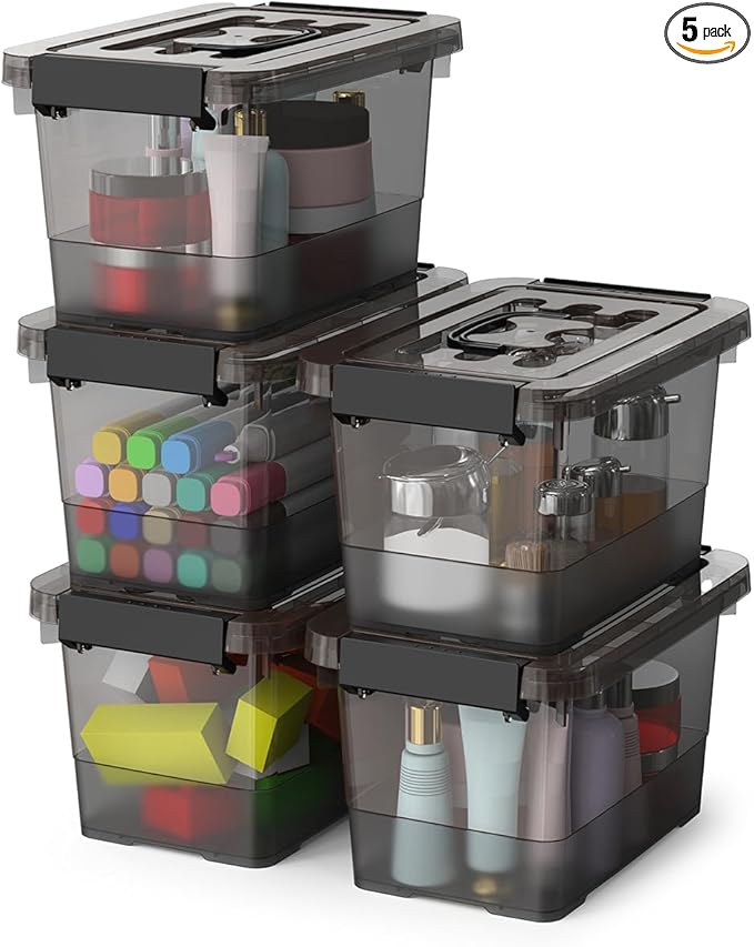 Plastic Storage Bins with Lids 5-Pack Storage Organizer 4 Quart Stackable Storage Bins with Buckle Lids and Handle easy for Home Office Pantry Organization Clear Black