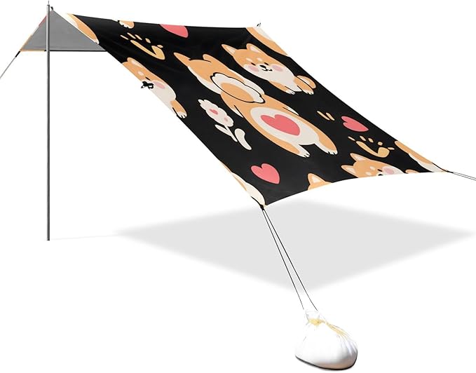 ALAZA Corgi Flower Heart Pattern Beach Tent Sun Shelter Portable Canopy Sunshade for Outdoor Camping Picnics Backyard Fun 10x9 ft