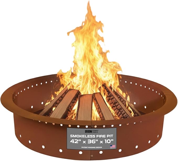 Heavy Duty Metal Smokeless Permanent Fire Pit Ring 42 inch Outer/36 inch Round Fire Pit Insert Liner for Outdoor Firepits for Outside Corten Steel (42x36x10) Patent Pending