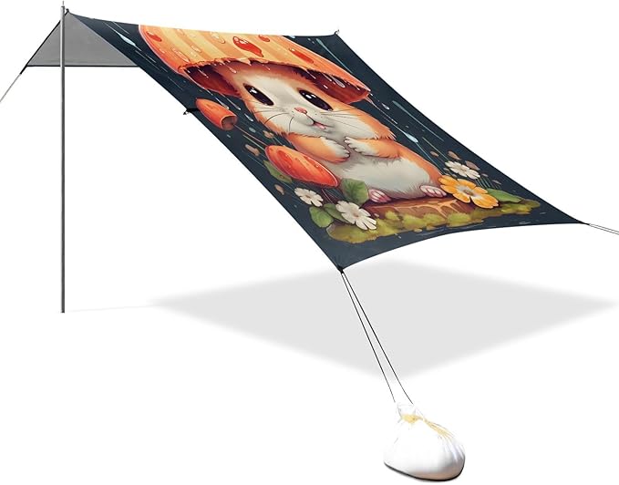 ALAZA Hamster Mushroom Beach Tent Sun Shelter UPF50+ Protection Beach Shade Canopy w/ 4 Sandbags for Outdoor Camping Fishing Backyard Fun Picnic 10x9 ft