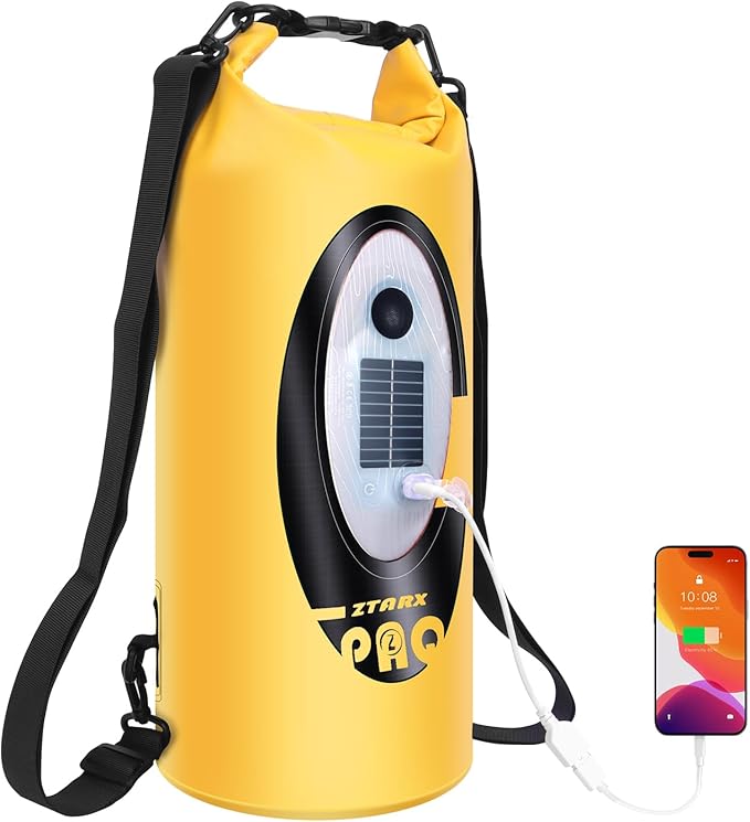 FELICON Solar/Battery Powered Multi-Functional Backpack with Bluetooth SpeakerIP66 Waterproof Dry BagHeavy Duty Roll Top ClosureLarge Capacity Bag for CampingHikingTraveling (Yellow 10L)