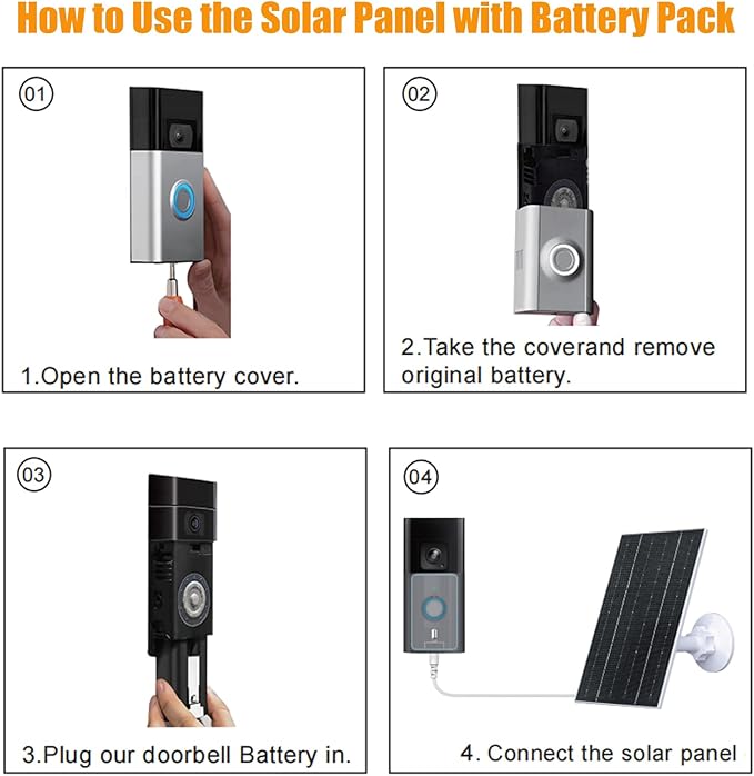 4W Solar Panel with Battery Pack for Ring Video Doorbell 2/3/3 Plus/4 IP65 Waterproof 360° Adjustable Mount 16.4ft Cable