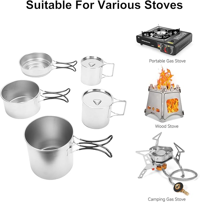 5PCS Stainless Steel Camping Cooking Set Cookware Mess Kit Cook Pots and Pan Set with Cups &amp Storage Bag Lightweight Camping Cookware for Hiking Backpacking Outdoor Cooking and