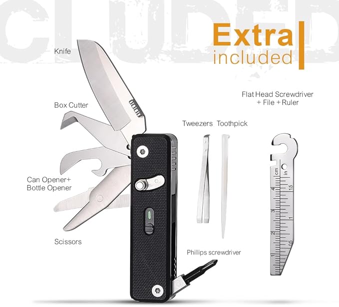 ROXON S504G Mini Flex Companion-7 in 1 Multitool EDC Pocket Knife with G10 Handle Box Cutter Short Sheepsfoot Blade Short Scissors Bottle &amp Can Opener 4mm Bit Tweezers and Toothpick