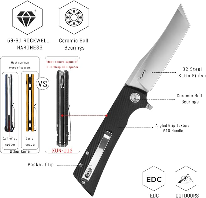 Pocket Folding knife with Clip3.55 D2 Steel Tanto Flipper BladeG10 For EDC Men WomenCamping Hiking Daily Work Everyday Carry Knives XUN112-BGS(Satin)