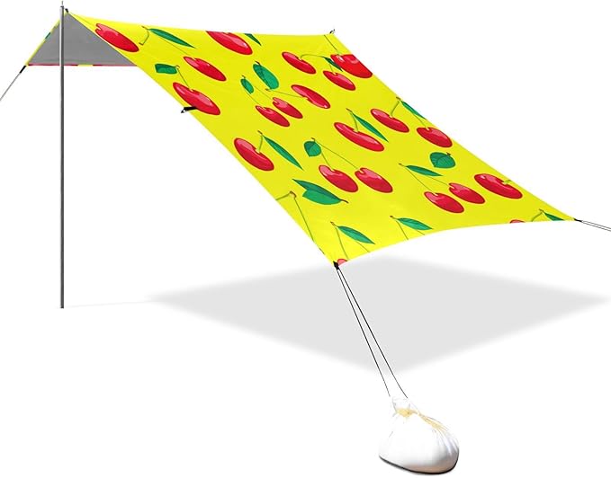 xigua Red Cherries Beach Tent Sun Shelter with Carrying Bag - Silver Coated Oxford Fabric Beach Canopy for Beach Camping Fishing - Includes Windproof Ropes Sandbags &amp Stakes