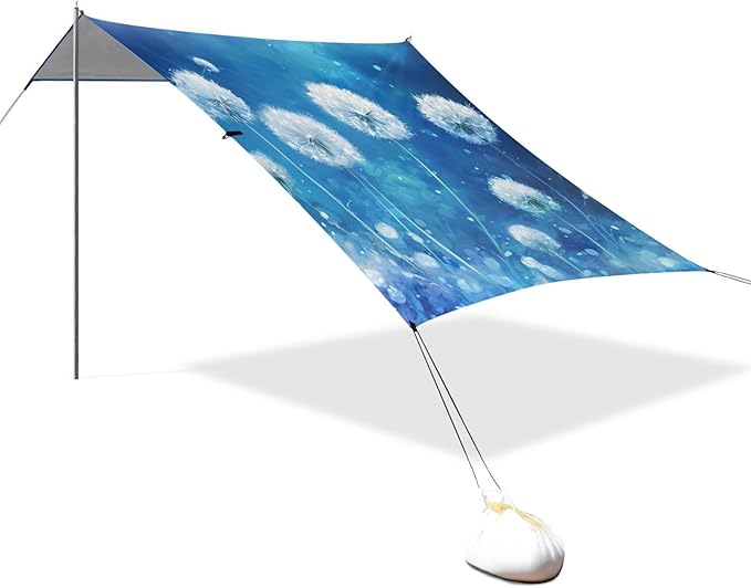 White Dandelions Foldable Beach Canopy UPF50+ Lightweight Large Sun Shelter with Sandbags &amp Sand Shovel for Camping Picnics Backyard &amp Fishing
