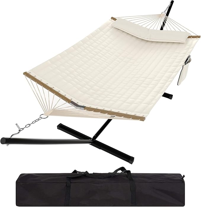 2-Person Hammock Set with Foldable Steel Stand – Backyard Retreat &amp Camping Must-Have (450Lb Weight Capacity UV-Protected + Carry Bag) White
