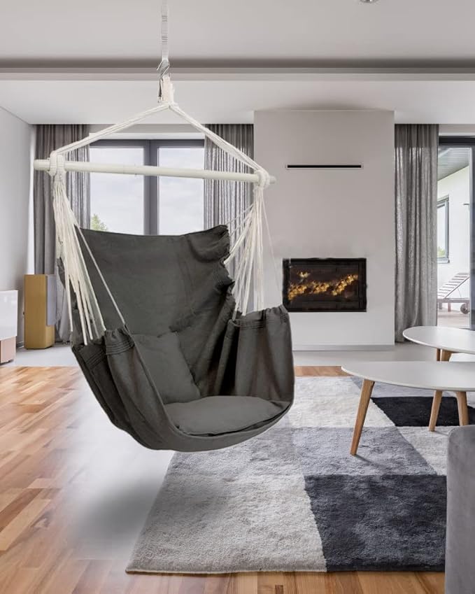 ADVOKAIR Hammock Chair Hanging Chair Swing Large Indoor with Anti-Slip Steel Spread Bar and Pocket-Max 500lbs-2 Cushions Perfect for BedroomOutdoorPatio PorchBackyard…