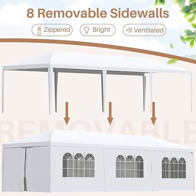 Greesum 10x30 Outdoor Canopy with with 6 Side Removable Walls Upgrade Patio Camping Heavy Duty Gazebo Shelter for Party Wedding BBQ Events Waterproof Tent White