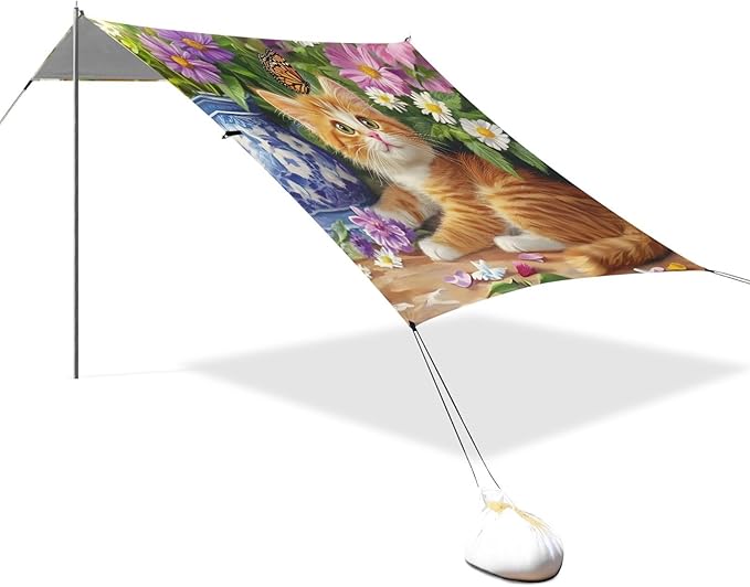 ALAZA Cute Orange Cat Flower Beach Tent Sun Shelter Portable Canopy Sunshade for Outdoor Camping Picnics Backyard Fun 10x9 ft
