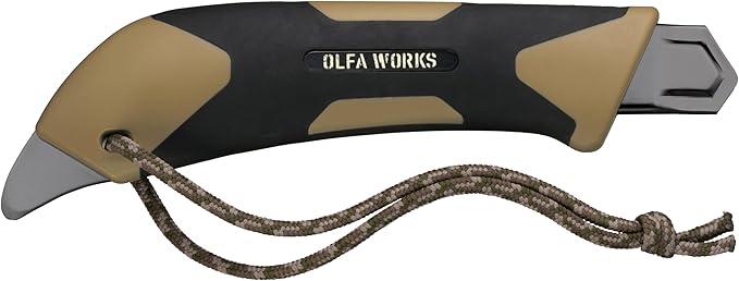 OLFA WORKS OW-OUK-1/SB Outdoor Knife Fine Serrated Edge Blade for Confident Cutting - Multi Purpose Outdoor Knife Designed to Handle Slippery Materials like Rope Plastic and Canvas - Ratchet-wheel
