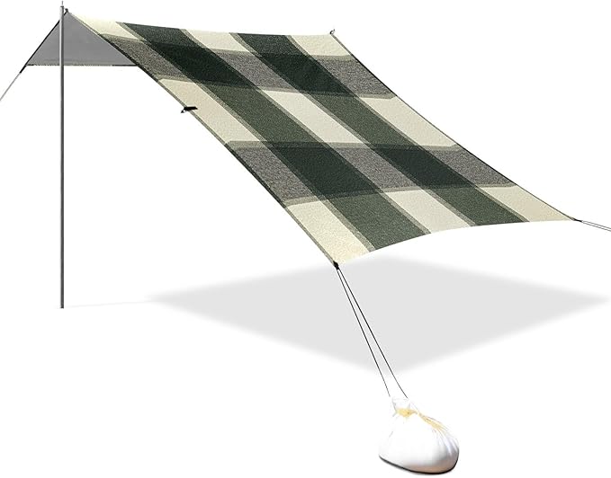 Springgreen Buffalo Plaid Check Tartan Scotland Foldable Beach Cabana UPF50 Lightweight Sun Shelter with Sandbags and Shovel for Family Trips Picnics &amp Camping