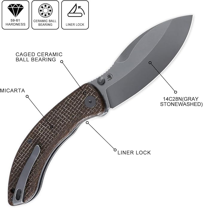 Petrified fish PFB06 Folding Knife3.74 14C28N Steel Stonewashed Blade Micarta Handle Folding knife for EDC Camping Outdoor (Brown Micarta)