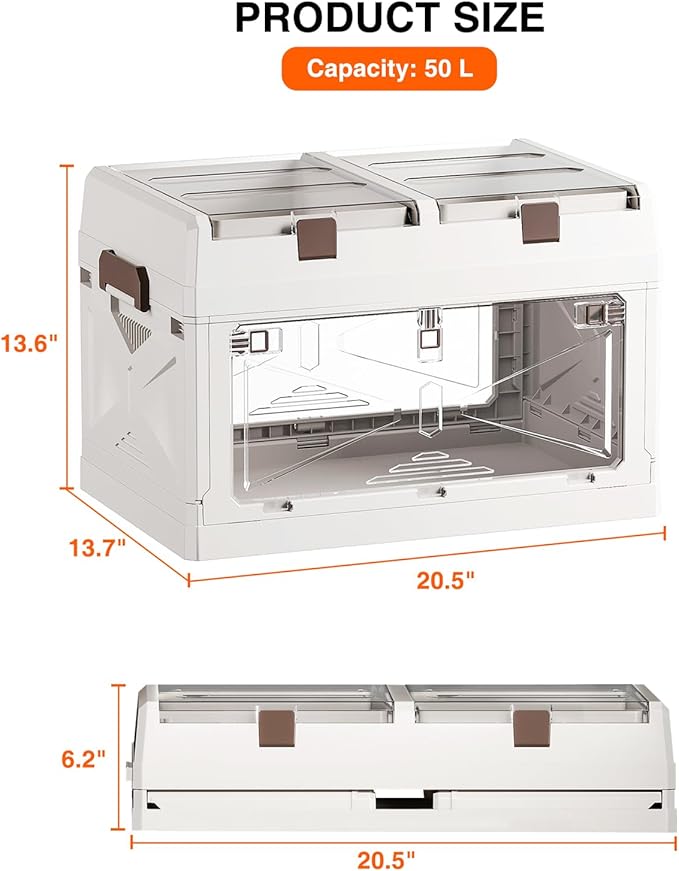 Closet Organizer and Storage Box Large Essential Collapsible Plastic Car Trunk Container with Clear Lids and Doors Open Front Multifunctional Stackable Bin for Bedroom Dorm Room Craft 50 L