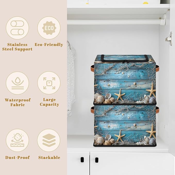 Beach Seashells Storage Bins with Zipper Lid Blue Wooden Fabric Lidded Storage Baskets Cubes with Handles Decorative Foldable Shelf Closet Organizer Container