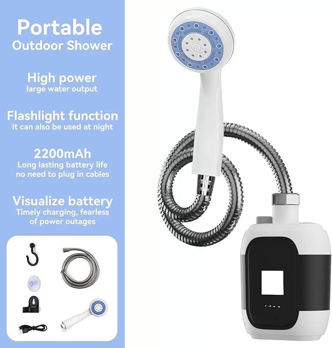 Portable Shower Camping Shower System Outdoor Travel Electric USB Rechargeable Handheld Showhead for Camping Hiking Pet Cleaning Watering and Beach Washing
