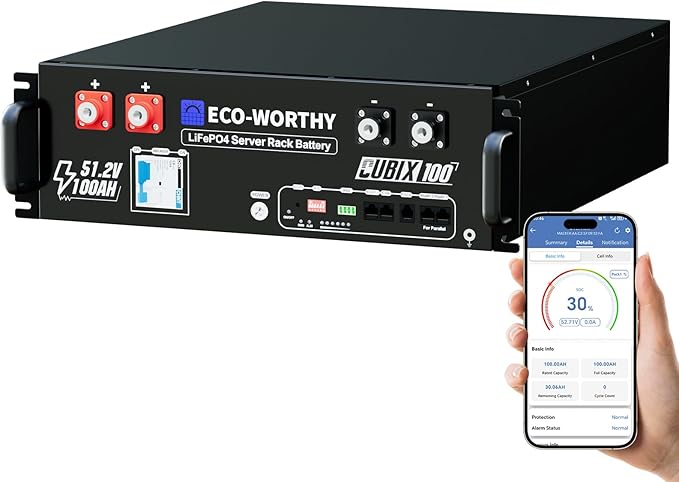 ECO-WORTHY 48V 100Ah LiFePO4 Lithium Battery w/Bluetooth | UL1973 &amp UL9540A &amp CEC Listed | 5120Wh Server Rack Battery for Solar Energy Storage Home Backup Power