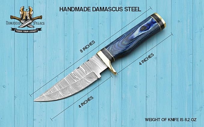 8-Inch Hand-Forged Damascus Steel Hunting Knife Fixed Blade Skinning Design with Leather Sheath Multicolor Wood Handle Brass Guard Twist Pattern Blade for Camping (Blue)