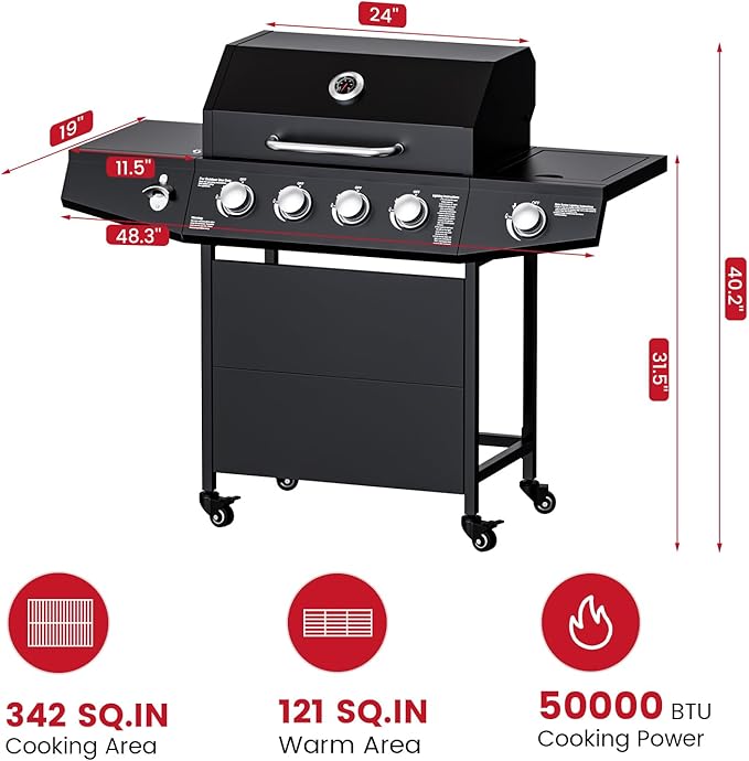 4 Burner Propane Gas Grill Output 50000 BTU Outdoor BBQ Gas Grill with Side Burner Built-in Thermometer &amp Wheels Outdoor Cooking for Patio Backyard BBQ