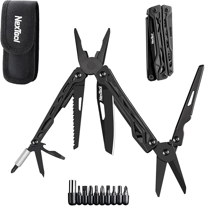 NexTool Multitool 11 in 1 Multi Tool with Needle Nose Pliers Scissors and Screwdriver Bits Stainless Steel Multi Tool Pocket Knife with Safety Locking for CampingFishingHiking Mens Gifts Unique