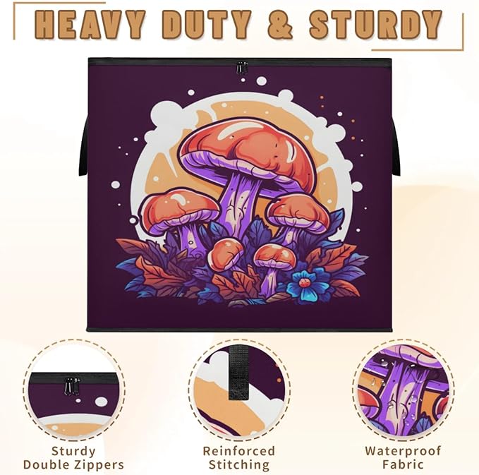Large Funny Mushroom Storage Bags with Lid XL Blanket Clothes Storage Bins Foldable Organizers Storage Containers with Handle for Comforters Bed Sheets Pillows Cute Retro Mushroom