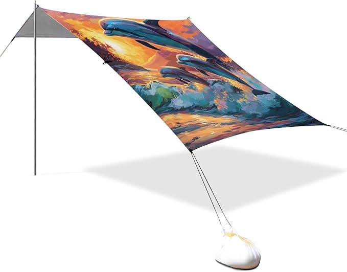 ALAZA Dolphins Sunset Sea Beach Tent Sun Shelter UPF50+ Protection Beach Shade Canopy w/ 4 Sandbags for Outdoor Camping Fishing Backyard Fun Picnic 10x9 ft
