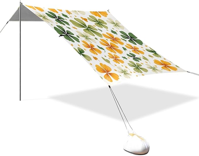 St Patrick's Clovers Green Orange Beach Tent Sun Shelter Set UPF50+ UV Protection 10.5 x 9.19 FT Camping Shade Canopy with Sandbags Sand Anchors Carrying Bag and Others