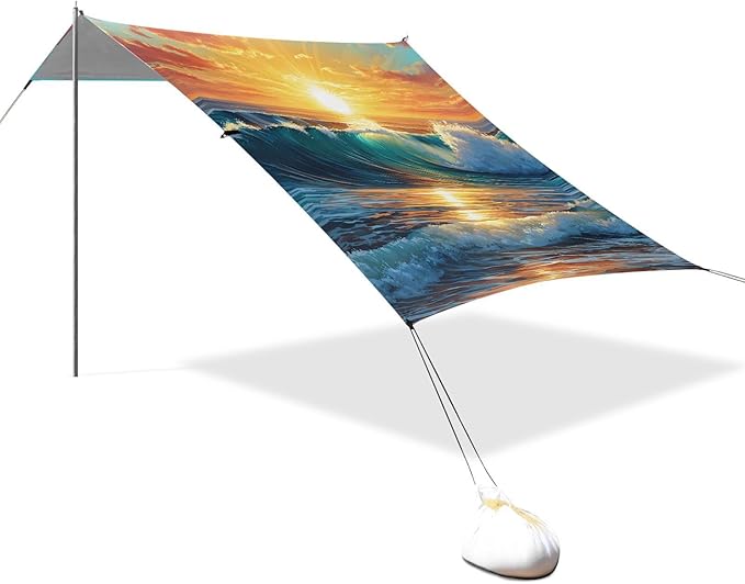 ALAZA Sunset Seawave Beach Beach Tent Sun Shelter UPF50+ Protection Beach Shade Canopy w/ 4 Sandbags for Outdoor Camping Fishing Backyard Fun Picnic 10x9 ft
