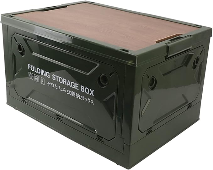 Folding Camping Storage Box with Wooden Lid Storage Bin Container with Wheels for Car Camping Picnic