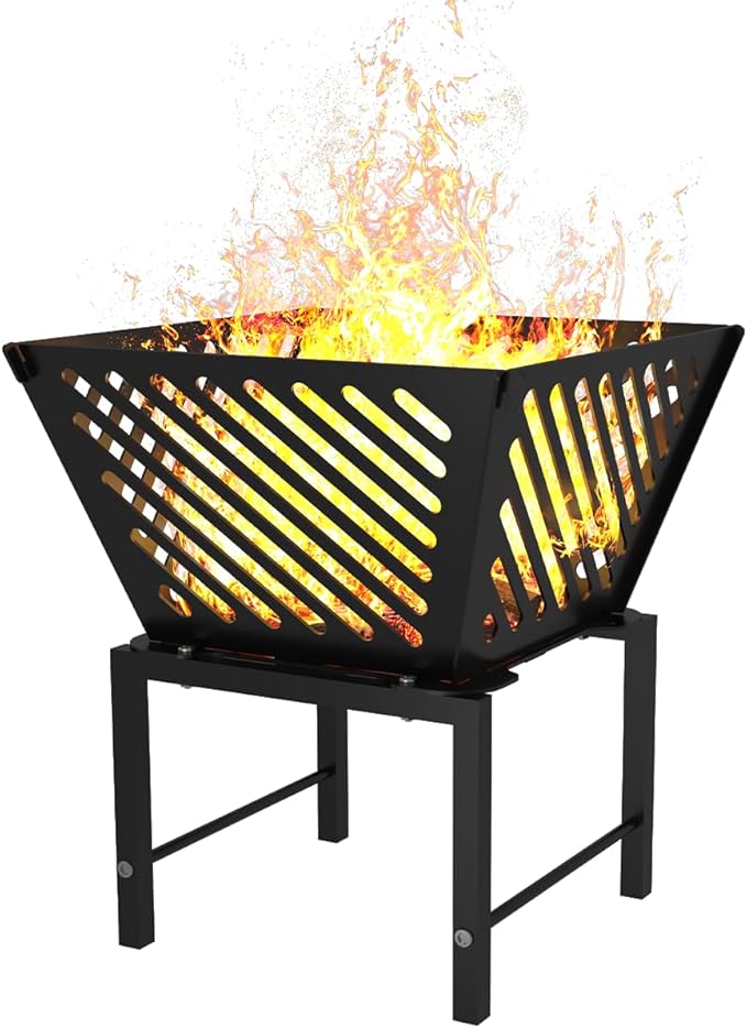 Mondazie Outdoor Fire Pit — 17 Inch Portable with Storage Bag for Camping Patio Heating Picnic and BBQ Trapezoid Diagonal Hollow Black
