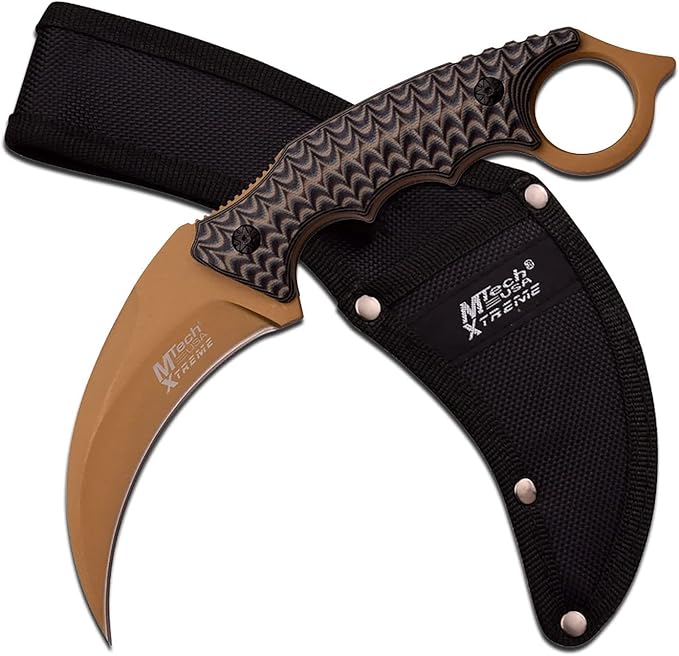 MTECH USA Xtreme – Fixed Blade Knife – Brown TiNite Coated Stainless Steel Hawkbill Blade with Black and Brown G10 Handle and 1680D Nylon Sheath Full Tang Construction EDC Tactical – MX-8140BN