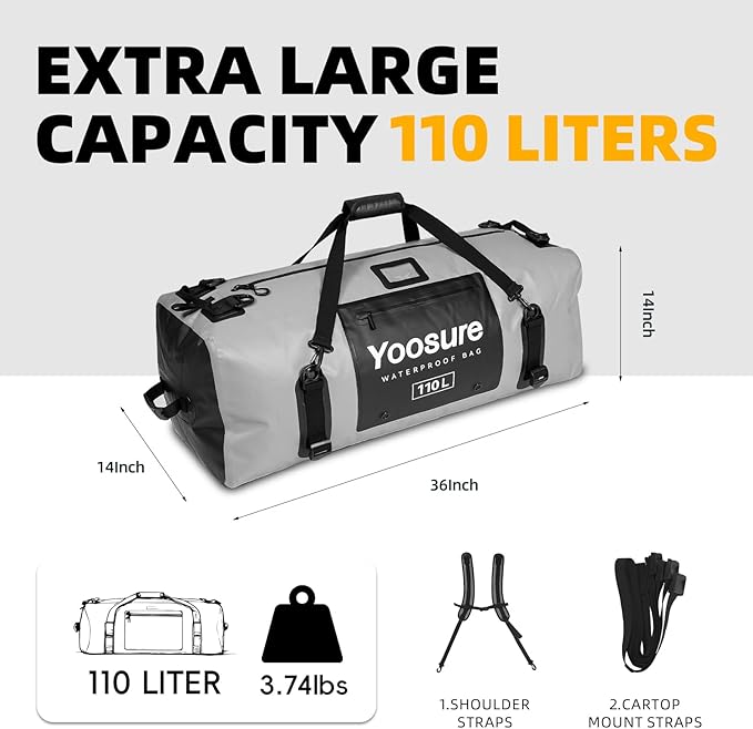 Waterproof Duffel Bag 110L- 700D PVC Dry Bag with Airtight Zipper Large Dry Bag with Straps&ampHandles for Camping Boating Kayaking Rafting Canoeing Gym Beach Car Roof Storage (Grey)
