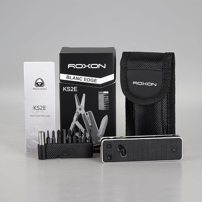 ROXON KS2 Elite Noir Blanc Edge D2 Blade 13 in 1 Mini Multi Tool function pocket knife with big scissor G10 handle and Pocket clip good for Camping/Emergencies/EDC Multitool (D2 Steel Blade)