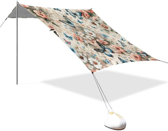 Artistic Butterfly Flowers Beach Tent Sun Shelter Set UPF50+ UV Protection 10.5 x 9.19 FT Camping Shade Canopy with Sandbags Sand Anchors Carrying Bag and Others