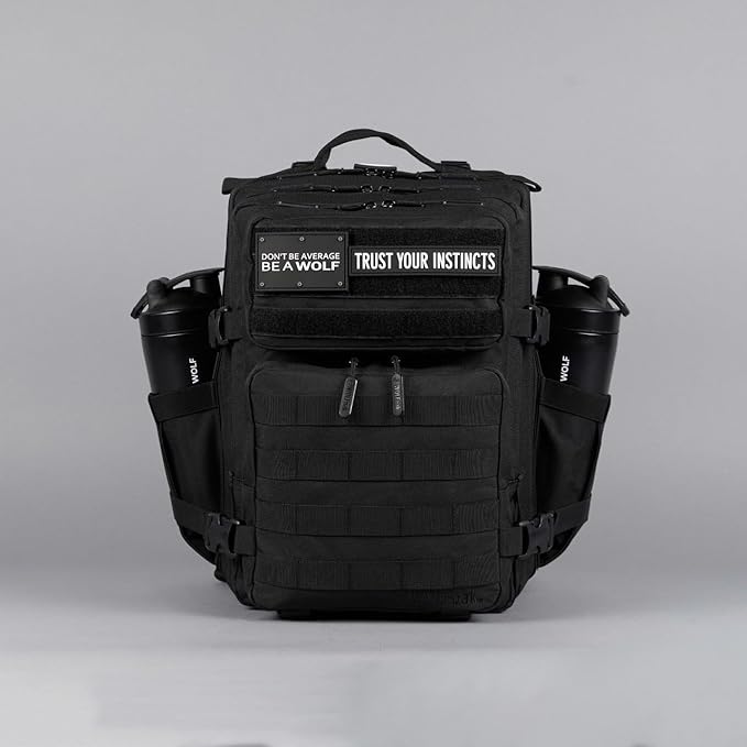 WOLFpak 25L Athletic Gym Backpack (Alpha Black) Durable 1000D Waterproof Oxford Material with MOLLE Webbing Laptop Pocket &amp Dual Cup Holders