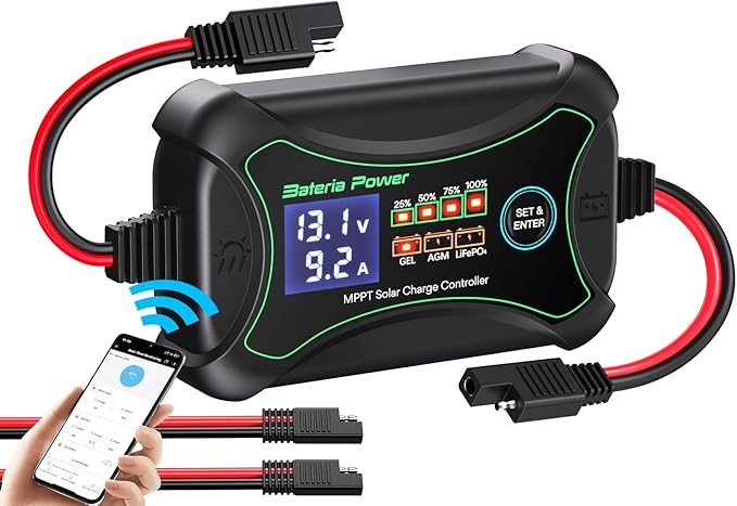 10A MPPT Wireless Solar Charge Controller with BT Bateria Power 12 Volt Phone APP Intelligent Control Solar Regulator with LCD Display LED Indicate Light for Gel AGM Lithium LiFePO4(Sunrock 10Pro)