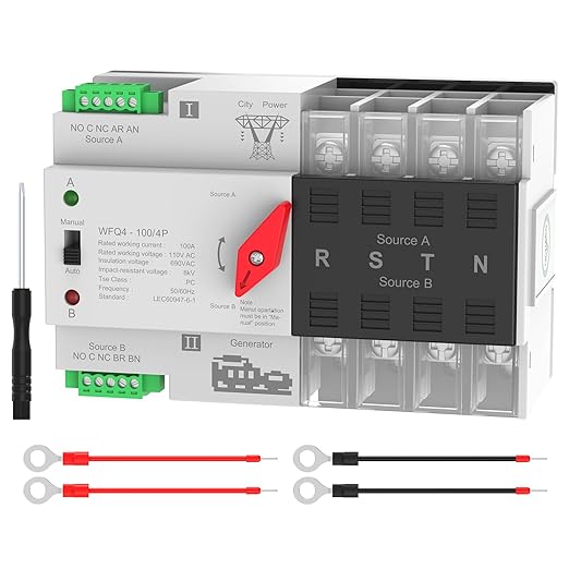 Automatic Transfer Switch 100A AC110V Dual Power ATS 4P Automatic/Manual Transfer Switch din Rail mounting for Home Generator RVPublic/Backup Power Supply