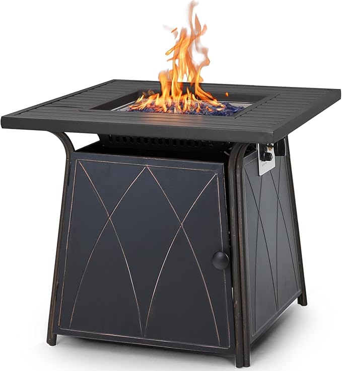 Sophia &amp William Gas Fire Pit Table 28 Inch 50000BTU Square Outdoor Propane FirePits 2 in 1 Auto-Ignition Patio Fireplace for Outside with Lid and Blue Fire Glass Black
