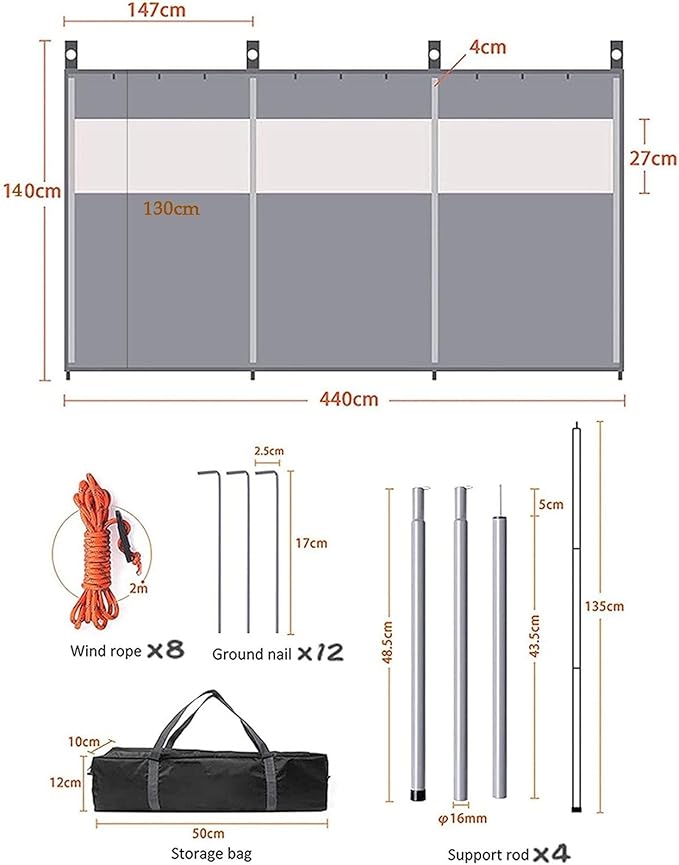 Camping WindbreaksBeach Windshield Shelter Outdoor Privacy Shield with Top Window for Garden Charcoal Grills BBQ Picnic(Black4.4m)