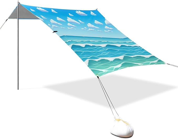 xigua Waves Beach Tent Sun Shelter with Carrying Bag - Silver Coated Oxford Fabric Beach Canopy for Beach Camping Fishing - Includes Windproof Ropes Sandbags &amp Stakes