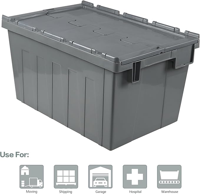 15 Gallon Industrial Lockable Plastic Storage Tote with Hinged Attached Lid Commercial Flip Top Tote Storage Container Bin Tote for Transport and Warehouse Heavy Duty Gray 4 Packs