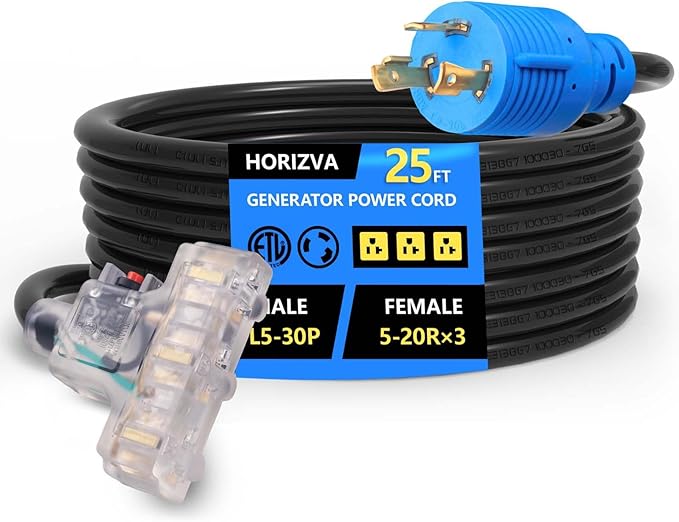 30 Amp to 110 Adapter 25FT Locking 30 Amp Generator Cord with Circuit Breaker NEMA L5-30P Male to 3X 5-20 Female 12/3 Guage 3 Outlet Adapter ETL Listed Generator Adapter Cord