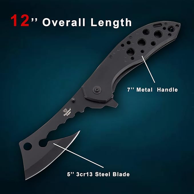 Snake Eye Tactical 12 Jumbo Huge Heavy Duty Ultra Smooth One Hand Opening Folding Pocket Knife Limited Edition Collectors Knife - Ideal for Recreational Work Hiking Camping (Black)