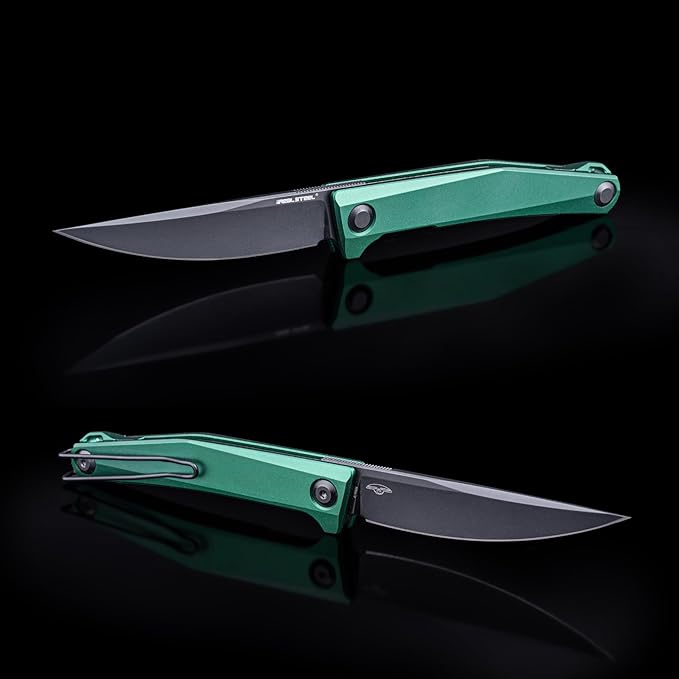 Real Steel Teres lightweight EDC Flipper Knife 3.11'' Nitro-V ‎Black PVD Hollow-Ground BladeAluminum HandleLiner Lock Knife Gentleman's Knife with Pocket ClipHunting Camping Hiking Fishing Knife