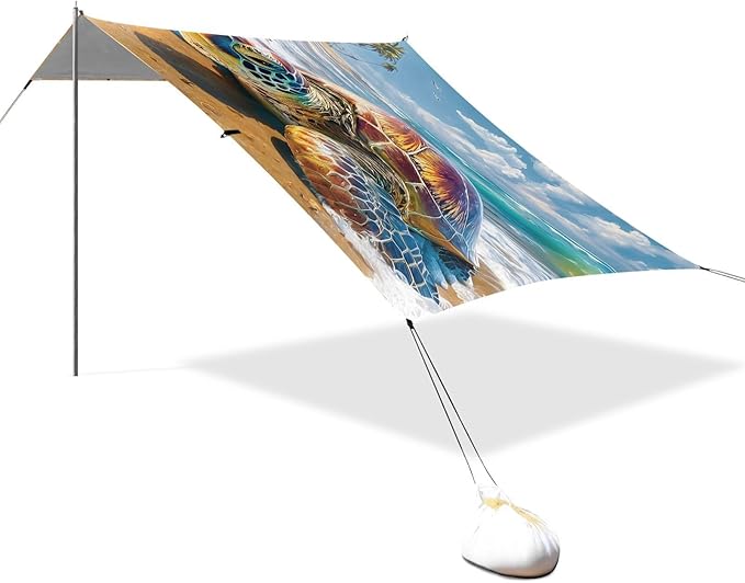 ALAZA Sea Turtle Palm Beach Beach Tent Sun Shelter UPF50+ Protection Beach Shade Canopy w/ 4 Sandbags for Outdoor Camping Fishing Backyard Fun Picnic 10x9 ft