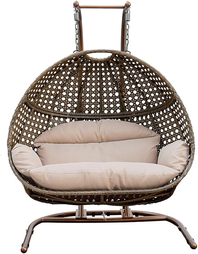 Hanging Egg Chair with Stand 2 Person Heavy Duty Hanging Wicker Rattan Swing Chair Basket Hammock Nest Chair Seat for Indoor Outdoor Patio Lounger Swinging Loveseat (Beige)
